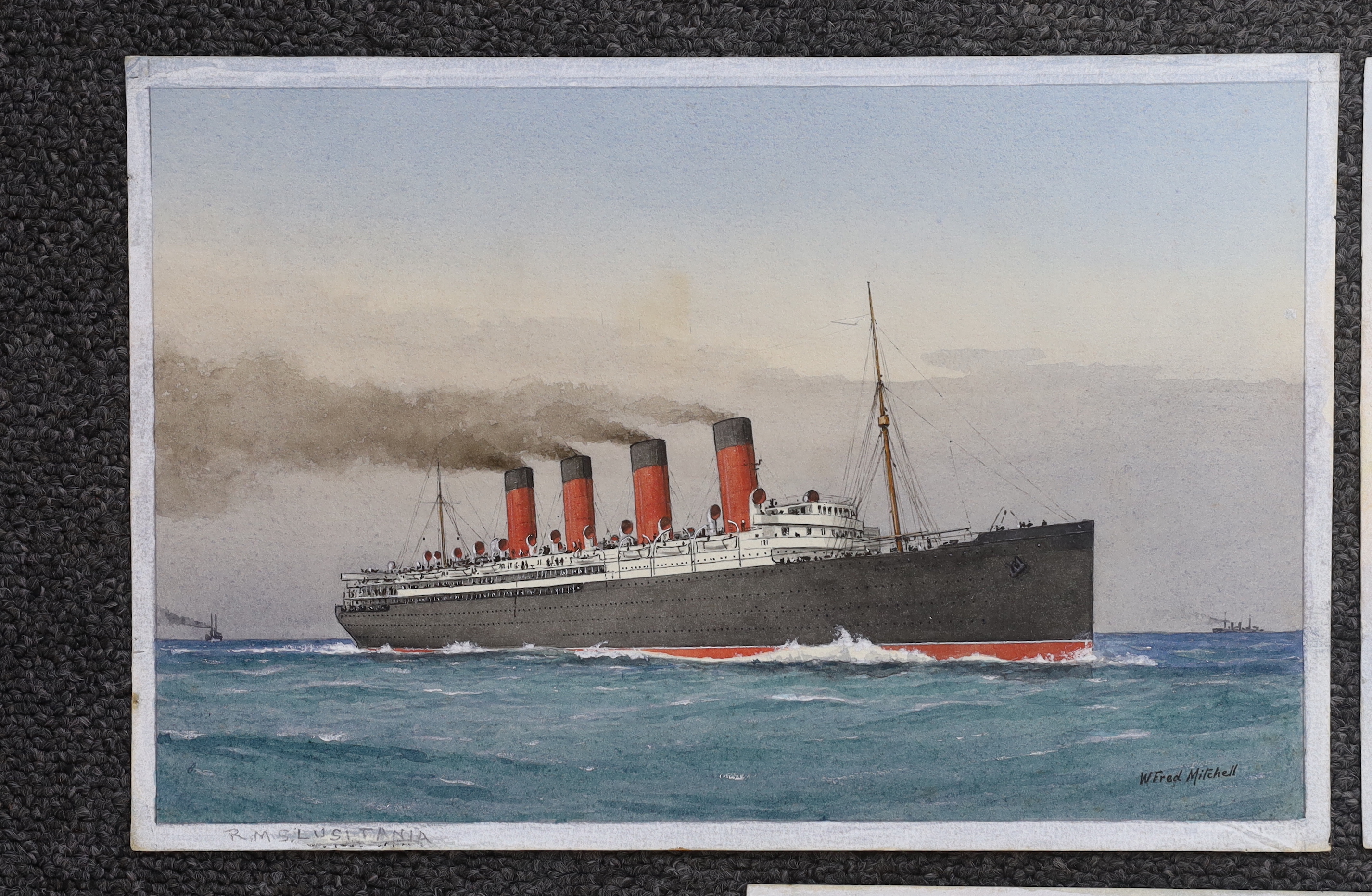 William Frederick Mitchell (1845-1914) set of three watercolours on card, Ocean Liners - Lusitania, Kronprinzessen Cecilie and Kaiserin Auguste Victoria, each signed and inscribed, 26 x 17cm, unframed